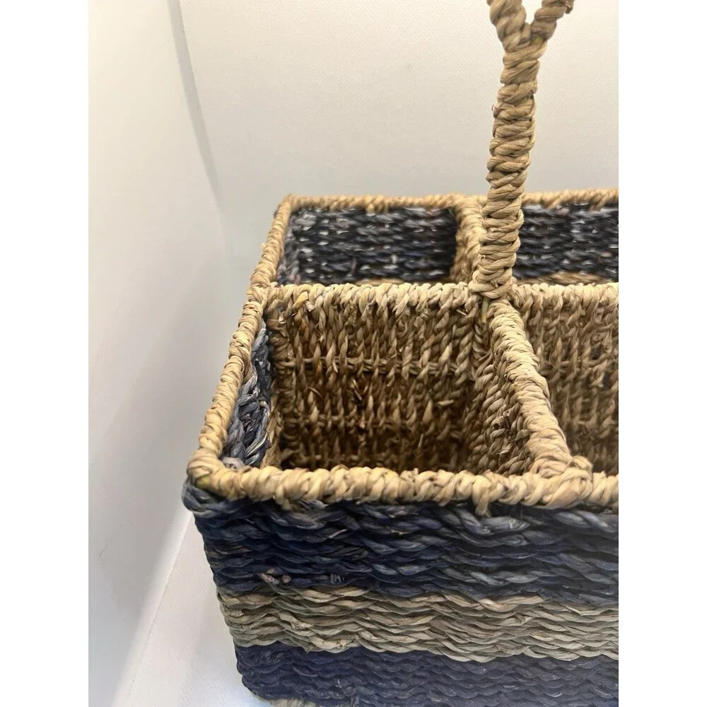 Seagrass Basket Vintage silverware caddy Blue Handle Ocean Decor summer table